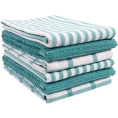 six towels stacked on top of each other in blue and white striped pattern, with one folded