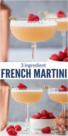 three glasses filled with champagne and raspberries on top of each other, the text reads 3 ingredient french martini