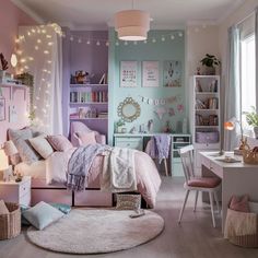 Lavender And Aqua Bedroom, Pink Mint Bedroom, Pastel Bedroom Color Scheme, Room Inspo Aesthetic Purple, Cute Pastel Bedroom Ideas, Lavender And Teal Bedroom, Bedroom Ideas For 7 Year Girl, Lavender Girls Room Bedroom Ideas, Lavender And Blue Bedroom