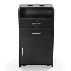 a black filing cabinet with two drawers on wheels and one drawer open to the side