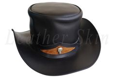 Men Handmade Black Genuine Aussie Leather Top Hat with Skeleton Leather High Crown Top Hat For Rodeo, Fitted Leather Hat With High Crown, Fitted Leather Top Hat With Short Brim, Western Style Leather Fitted Top Hat, Fitted Leather High Crown Hat Bands, Steampunk Leather Top Hat With Flat Crown, Fitted Leather Top Hat With High Crown, Fitted Leather Top Hat With Flat Brim, Custom High Crown Leather Hat