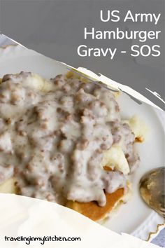 a white plate topped with meat covered in gravy next to a serving spoon