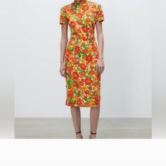 Brand New Zara Midi Dress Retro Short Sleeve Midi Dress For Spring, Orange Short Sleeve Midi Dress For Garden Party, Fitted Orange Summer Dress, Fitted Orange Dress For Summer, Casual Orange Midi Dress For Spring, Chic Fitted Orange Midi Dress, Orange Midi Dress For Garden Party, Elegant Orange Midi Dress With Short Sleeves, Elegant Orange Short Sleeve Midi Dress