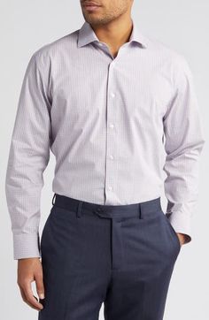 Patterned in a pale plaid, this dress shirt tailored from a moisture-wicking cotton blend offers plenty of stretch to keep you moving comfortably day and night. French placket Spread collar Mitered, adjustable button cuffs 78% cotton, 15% CoolMax® polyester, 7% spandex CoolMax polyester moisture-wicking fabric for dryness and comfort in the heat Machine wash, tumble dry Imported Classic Fitted Plaid Shirt, Classic Plaid Fitted Shirt, Plaid Fitted Classic Shirt, Elegant Plaid Long Sleeve Dress Shirt, Elegant Long Sleeve Plaid Dress Shirt, Plaid Cotton Dress Shirt For Business Casual, Business Casual Plaid Cotton Dress Shirt, Fitted Plaid Top For Business, Fitted Plaid Tops For Business Casual