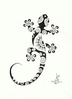 an ink drawing of a lizard with flowers on it's back