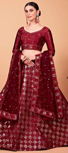 Red and Maroon color Lehenga in Art Silk fabric with Embroidered, Sequence, Thread work Red Bollywood Lehenga With Motifs, Red Motif Saree For Reception, Red Saree With Motifs For Reception, Festive Red Choli With Motifs, Red Semi-stitched Anarkali Set With Motifs, Red Art Silk Choli With Motifs, Red Ceremonial Lehenga For Festive Occasions, Red Floor-length Traditional Wear For Ceremonial, Red Floor-length Traditional Wear For Ceremonial Events