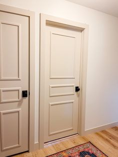 two white doors in a room with wood flooring and rug on the floor next to them