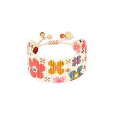 a bracelet with beads and flowers on it