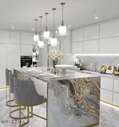 a modern kitchen with marble counter tops and bar stools