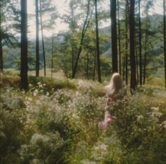 a woman walking through a forest filled with tall grass