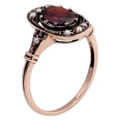 10k-rose-gold-vintage-style-genuine-oval-garnet-and-cultured-pearl-ring Victorian Oval Pearl Ring With Gemstone, Formal Oval Rose Gold Pearl Ring, Heirloom Oval Pearl Ring, Garnet And Pearl, Cultured Pearl Ring, January Birthstone Rings, Garnet Gemstone, Ring Size Guide, Birthstone Ring