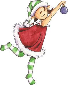 a drawing of a girl dressed as santa clause holding a christmas ornament in her hand