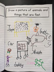 an open notebook with writing on it and pictures of animals in different colors, sizes and shapes