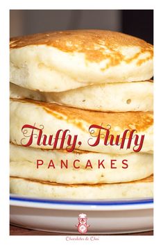 three pancakes stacked on top of each other with the words thuffy pancakes in red lettering