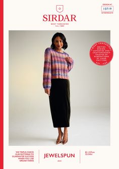 a woman in a skirt and sweater is standing on the cover of a magazine with an advertisement