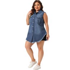 Fashionable Design: This denim jacket vest features a button-front design, frayed hem, sleeveless style, and chest pockets, creating a stylish look suitable for any occasion. Plus-Size Fit: Designed with a comfortable and flattering plus-size fit, this jacket vest is suitable for women of all sizes who want to look and feel great. Versatile Use: The classic design makes it easy to pair with different outfits, from dresses and skirts to jeans or shorts, making it a versatile addition to your ward Sleeveless Denim Jacket For Fall, Sleeveless Summer Denim Jacket, Sleeveless Denim Jacket For Summer, Sleeveless Cotton Denim Jacket With Button Closure, Casual Sleeveless Denim Jacket With Buttons, Sleeveless Blue Denim Jacket With Buttons, Sleeveless Denim Jacket With Buttons, Sleeveless Denim Blue Jacket With Button Closure, Summer Denim Jacket With Frayed Hem