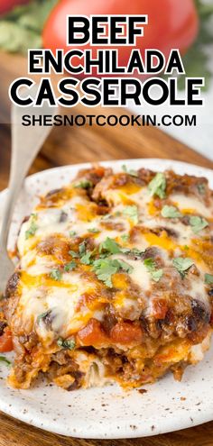 Beef enchilada casserole on a white plate. Easy Healthy Dinner Hamburger Meat, 2 Night Dinners, Easy Enchilada Bake, Make Ahead Enchilada Casserole, Quick Enchilada Casserole, Casseroles With Tortillas, Baked Enchilada Casserole, Mexican Food Casseroles, Beef Tortilla Casserole