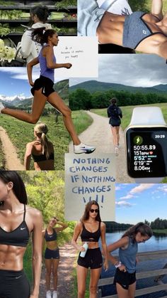 a collage of photos with women running, jogging and texting on their cell phones