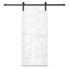 a white curtain hanging on a black metal bar with an abstract design in the background