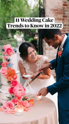 a man and woman cutting into a wedding cake with the words 11 wedding cake trend to know in 2020