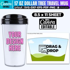 a travel mug with the words your design here on it and an additional sticker