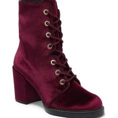 Bring A Glamorous Element To Your Footwear Collection With This Luxe Block Heel Bootie Crafted From Dreamy Velvet. 3" Heel. 6" Shaft Height; 10" Opening Circumference. Lace-Up Closure. Cushioned Insole. Round Toe. Back Pull-Tab. Block Heel. Textile Upper/Leather Lining/Synthetic Sole. Made In Spain. Burgundy Lace-up Boots For Fall, Luxury Boots With Red Sole For Fall, Luxury Fall Boots With Red Sole, Luxury Lace-up Boots For Fall, Luxury Lace-up Fall Boots, Red Sole Block Heel Boots For Fall, Fall Suede Boots With Red Sole, Winter Boots With Red Sole And Block Heel, Burgundy Almond Toe Boots With Red Sole