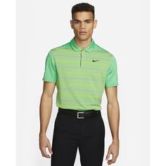 The Men's Nike Dri-Fit Tiger Woods Striped Golf Polo Offers Classic Comfort And Timeless Style. Crafted From Lightweight, Breathable Fabric, The Men's Nike Dri-Fit Tiger Woods Striped Golf Polo Is Designed To Keep You Cool And Comfortable, No Matter The Activity. Whether You're Running Errands Or Hitting The Gym, This Men's Nike Dri-Fit Tiger Woods Striped Golf Polo Will Keep You Looking And Feeling Your Best. Features Nike Dri-Fit Technology Moves Sweat Away From Your Skin For Quicker Evaporati Green Fitted Sports Polo Shirt, Fitted Green Polo Shirt For Sports, Green Cotton Golf Tops, Green Cotton Tops For Golf, Casual Green Tops For Golf, Green Summer Golf Top, Fitted Green Polo Shirt For Spring, Casual Nike Golf Tops, Golf Tiger Woods