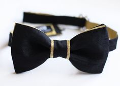 Black and Gold Bow Tie - Metallic Gold - Black Raw Silk Bow Tie - Pre-tied Bowtie - Black Tie Event Elegant Black Ties For Groom, Black Bow Tie For Groom, Black Tuxedo Ties For Wedding, Black Tuxedo With Ties For Wedding, Black Satin Bow Ties For Wedding, Fitted Gold Bow Tie For Wedding, Wedding Bow Tie Groomsmen, Rose Gold Tie, Gold Tuxedo