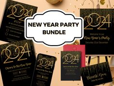 the new year party bundle includes black and gold cards, envelopes, and tags