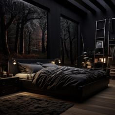 a bedroom with black walls and wood flooring