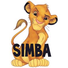 the lion cub is sitting down with simba on it's back and name in front of him