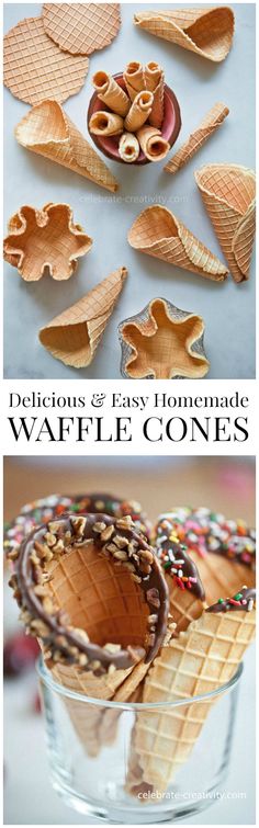 an image of homemade waffle cones in a glass bowl with the words delicious and easy homemade waffle cones