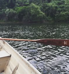 a boat with a long wooden oar is in the water near some green trees