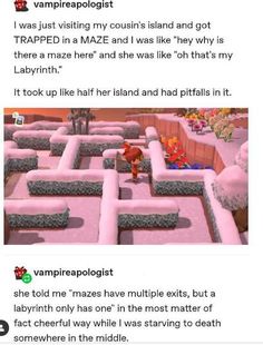 a screenshot of a maze with the caption that reads, i was just visiting my course island and got trapped in maze and she'd