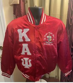 Enjoy this beautiful light quilted kappa alpha psi red with white letters satin baseball jacket!! turn heads everywhere you go... it's fire limited sizes available!! sizes are fit to size.. Red Varsity Jacket With Baseball Collar For Game Day, Collegiate Red Outerwear For Sports Season, Red Collegiate Outerwear For Sports Season, Collegiate Red Outerwear With Letter Print, Red Collegiate Outerwear With Letter Print, Dexter Jackson, Kappa Alpha Psi Fraternity, College Wardrobe, Light Quilt