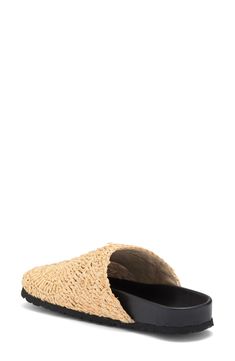 Woven raffia creates a boho-cool aesthetic on a weekend-ready mule set on a contoured footbed and textured sole. Synthetic upper, lining and sole Made in Portugal Slip-on Flat Heel Clogs For Beach, Flat Beach Clogs With Rubber Sole, Casual Slip-on Mules With Woven Sole, Beach Slip-on Mules With Flat Heel, Slip-on Clogs With Cushioned Footbed For Vacation, Vacation Slip-on Clogs With Cushioned Footbed, Cushioned Round Toe Mules For Vacation, Vacation Mules With Cushioned Footbed And Round Toe, Leather Sole Slip-on Mules For Vacation