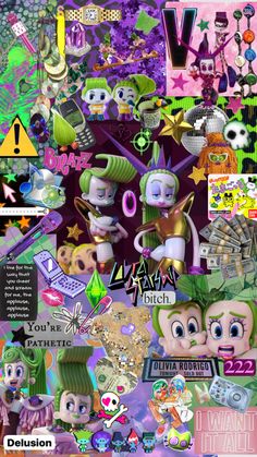 a collage with many different pictures and words on it, including an image of clowns