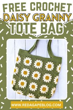 the free crochet daisy granny tote bag pattern is shown in green and white