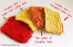 three colors of scrunchy yarn on a white surface with instructions for how to sew them