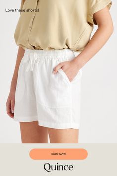 Relaxed and lightweight, these shorts are equally perfect for lounging around or stepping out to see friends. Made from soft, 100% organic linen, they’re a perfect addition for the warm weather.  | Quince | Women's Shorts in White, Size Small, Linen European Linens, Re A, Organic Linens, Stepping Out, Linen Shorts, Quince, Warm Weather, Women's Shorts, The 100