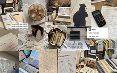 a collage of photos with papers and other items