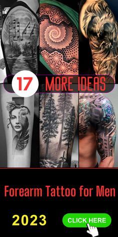 some tattoos are shown with the words more ideas for men on them and below it is a collage of images