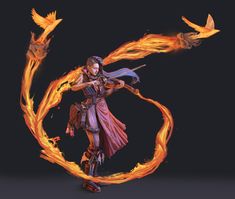 a woman holding a fire hose with two birds flying around her