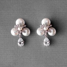 Pearl Statement Earrings with Pear Drop CZ Pearl Statement Earrings, Matching Bracelet, Pearl Flower, Matching Bracelets, Statement Earrings, Special Day, Pear, Cubic Zirconia, Romance