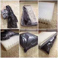 four pictures showing different stages of making a mattress with plastic bags on the top and bottom