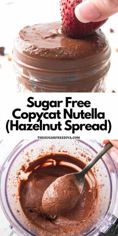 a hand dipping a strawberry into chocolate nutella in a jar with the words sugar free copypaat nutella hazelnut spread