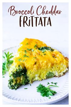 broccoli cheddar frittata on a white plate