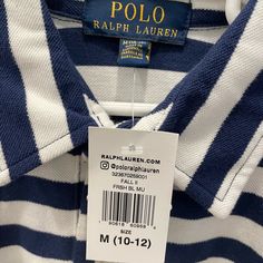 New With Tags, Long Sleeve Striped Polo Shirt Blue Ralph Lauren Cotton Tops, Ralph Lauren Blue Polo Collar Shirt, Preppy Blue Polo Collar Top, Ralph Lauren Blue Collared Top, Navy Ralph Lauren Cotton Tops, White Ralph Lauren Polo Collar Shirt, Ralph Lauren Blue Polo Shirt, Ralph Lauren Navy Casual Tops, Ralph Lauren Striped Collared Tops