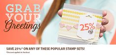 a woman holding up a card with the text grab your greetings 25 % off