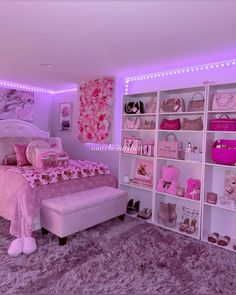 a bedroom with purple lighting and pink accessories on the walls, carpeted flooring